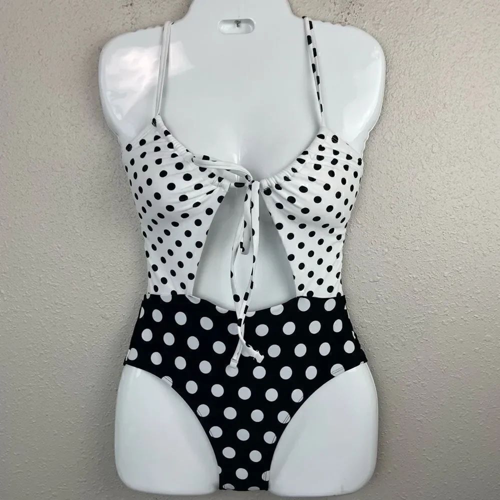 NWT Hula Honey Black and White Polka Dot One Piece Swim Suit Size S